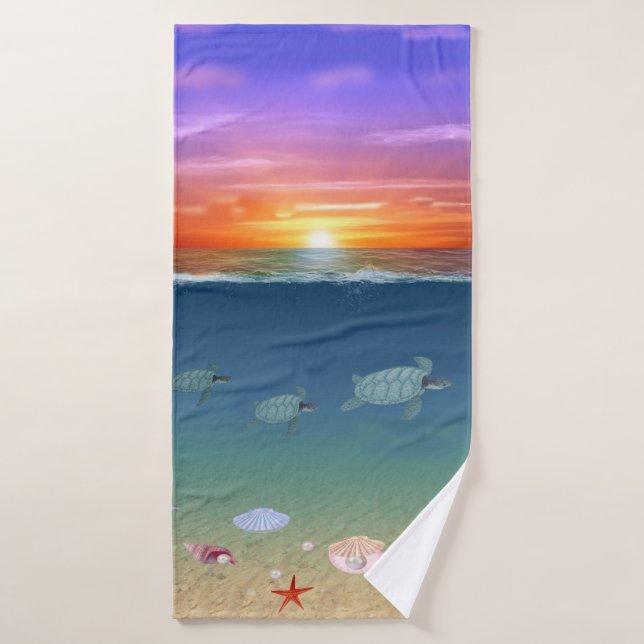 Beautiful Ocean Sunrise, Sea Turtles and Pearls Bath Towel (Bath Towel)