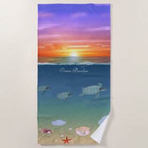 Beautiful Ocean Sunrise, Sea Turtles and Pearls Beach Towel
