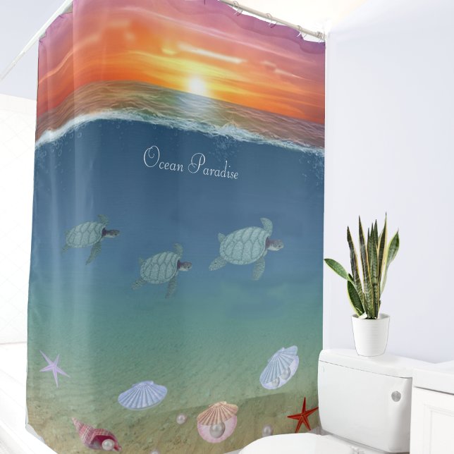 Beautiful Ocean Sunrise, Sea Turtles and Pearls Shower Curtain (Creator Uploaded)