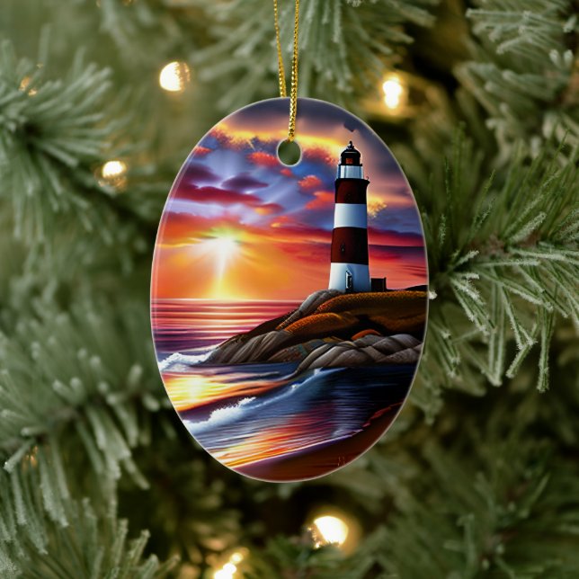 Beautiful Ocean Sunset and Lighthouse Personalised Ceramic Ornament (Tree)