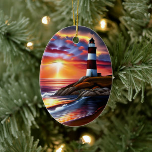 Beautiful Ocean Sunset and Lighthouse Personalized Ceramic Ornament
