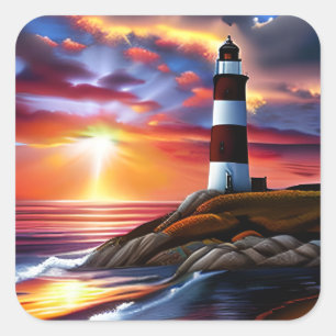 Beautiful Ocean Sunset and Lighthouse Square Sticker