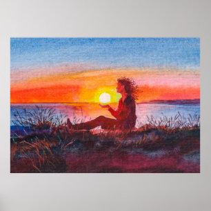 Beautiful ocean sunset. Portrait of young woman as Poster