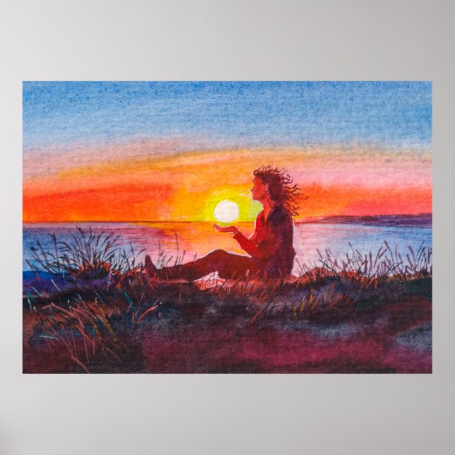 Beautiful ocean sunset. Portrait of young woman as Poster (Front)