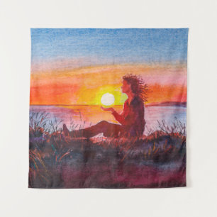 Beautiful ocean sunset. Portrait of young woman as Tapestry