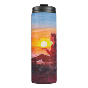 Beautiful ocean sunset. Portrait of young woman as Thermal Tumbler