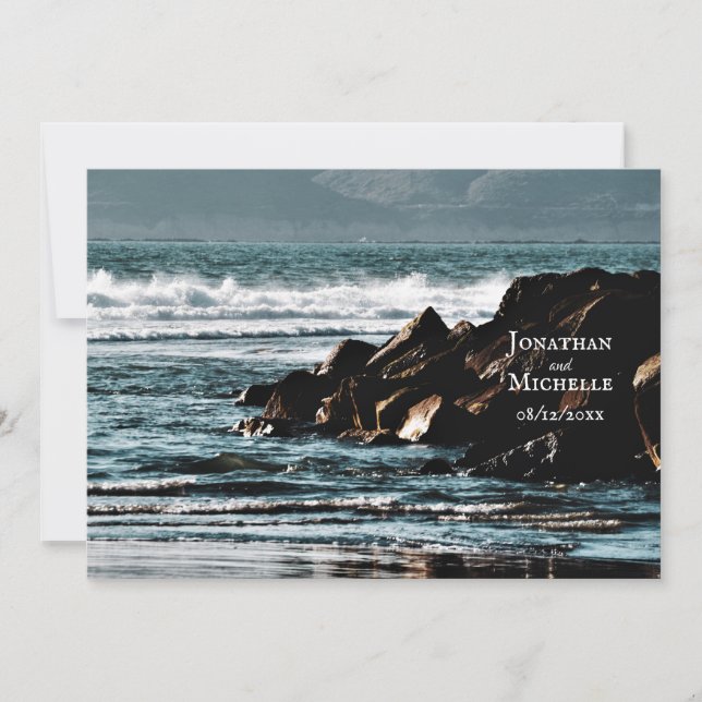 Beautiful Ocean, Waves and Rocks Beach Wedding Invitation (Front)