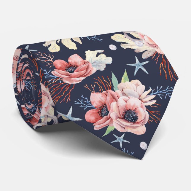 Beautiful Oceans Symbols Over Deep Blue Tie (Rolled)