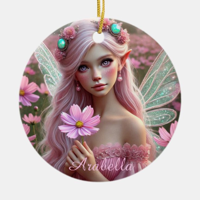 Beautiful October Fairy in Cosmos Ceramic Ornament (Front)