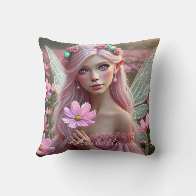 Beautiful October Fairy in Cosmos Cushion (Back)