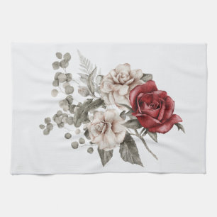 Beautiful Off-White & Red Roses Floral Bouquet Tea Towel