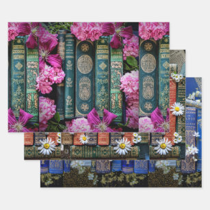 Beautiful Old Books Spines and Flowers Wrapping Paper Sheet
