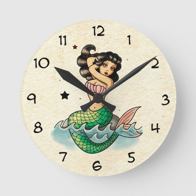 Beautiful Old School Mermaid Round Clock (Front)