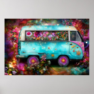 Beautiful old teal Combi van with colourful flower Poster