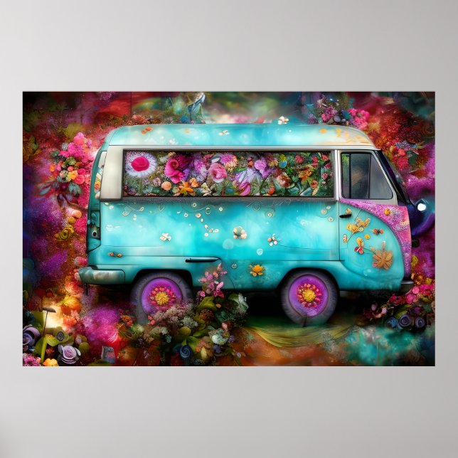 Beautiful old teal Combi van with colourful flower Poster (Front)