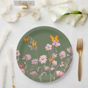 Beautiful olive and pink floral and butterfly paper plate
