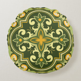 💚💛 Beautiful olive and yellow Azulejos Round Cushion