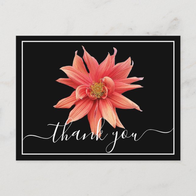 Beautiful Orange Dahlia Black Back Chic Thank You Postcard (Front)