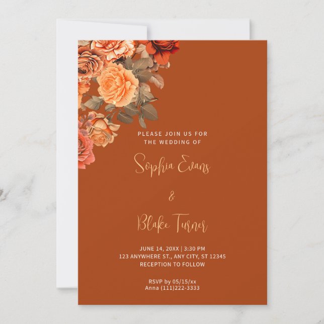 Beautiful Orange Floral Bouquet Brown Wedding Invitation (Front)