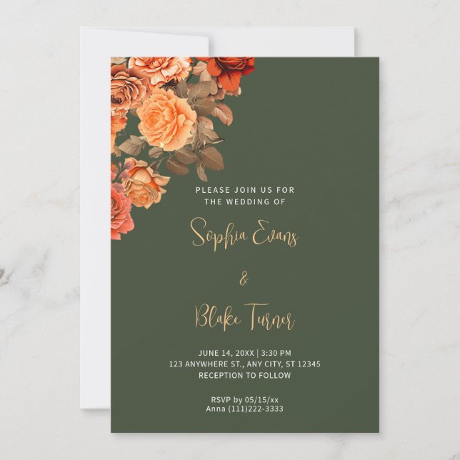Beautiful Orange Floral Bouquet Green Wedding Invitation (Front)
