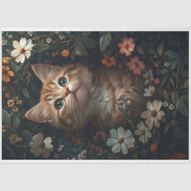 Beautiful Orange Kitten with Wildflowers Decoupage Tissue Paper (Front)