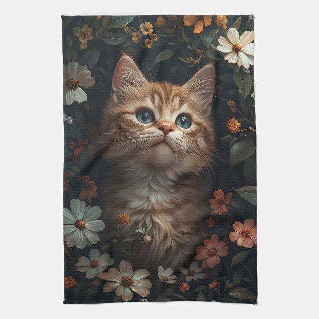 Beautiful Orange Kitten with Wildflowers Tea Towel (Vertical)