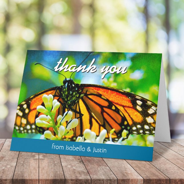 Beautiful orange monarch butterfly modern script thank you card (Creator Uploaded)