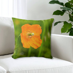 Beautiful Orange Poppy Flower Summer Photo Green Cushion