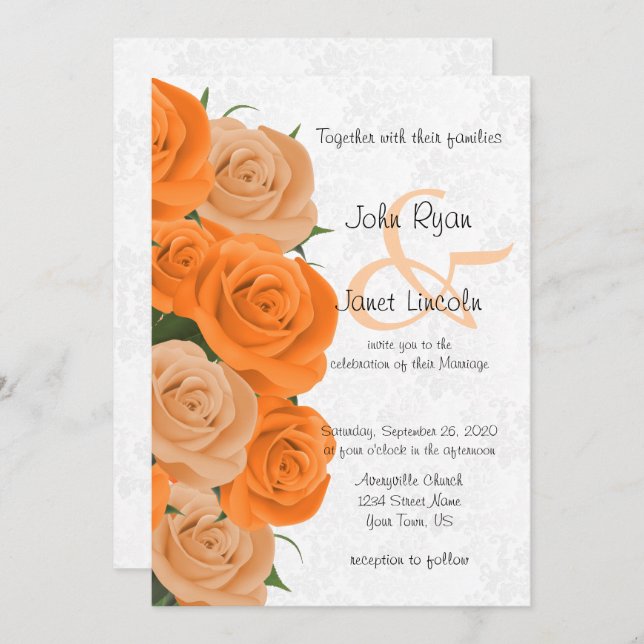 Beautiful Orange Rose Flower Wedding Invitations 2 (Front/Back)