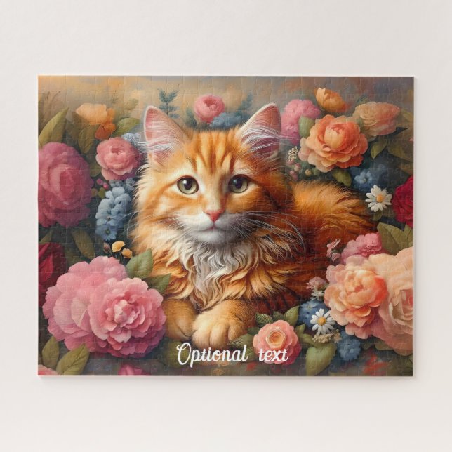 Beautiful Orange Tabby Cat and Flowers Jigsaw Puzzle (Horizontal)