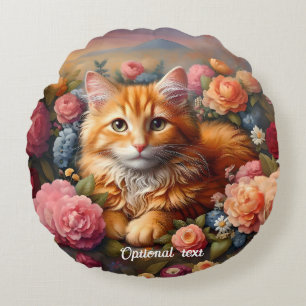 Beautiful Orange Tabby Cat and Flowers Round Cushion