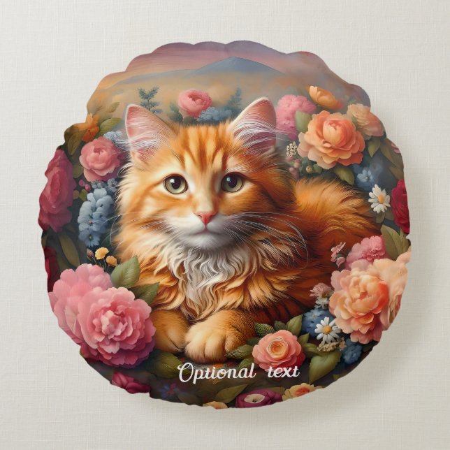 Beautiful Orange Tabby Cat and Flowers Round Cushion (Front)