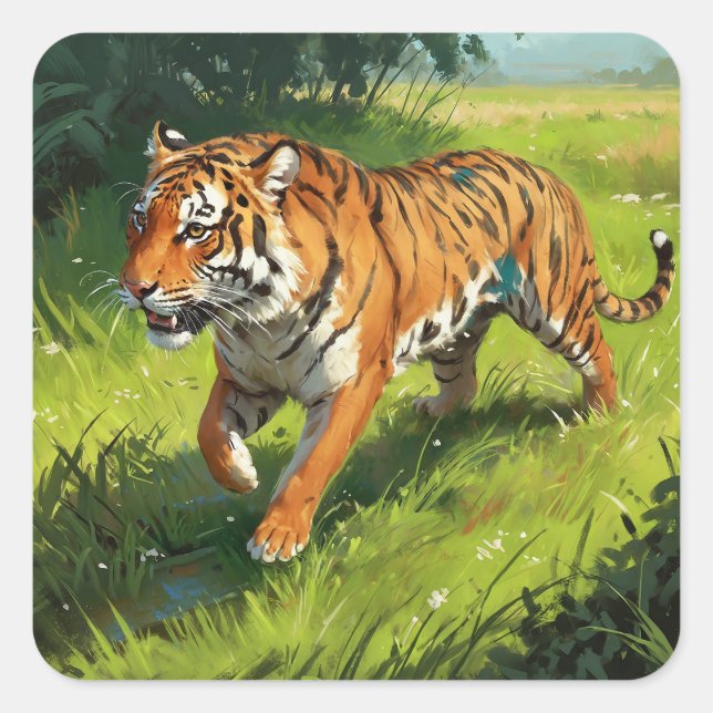 Beautiful Orange Tiger Running in Jungle Square Sticker (Front)