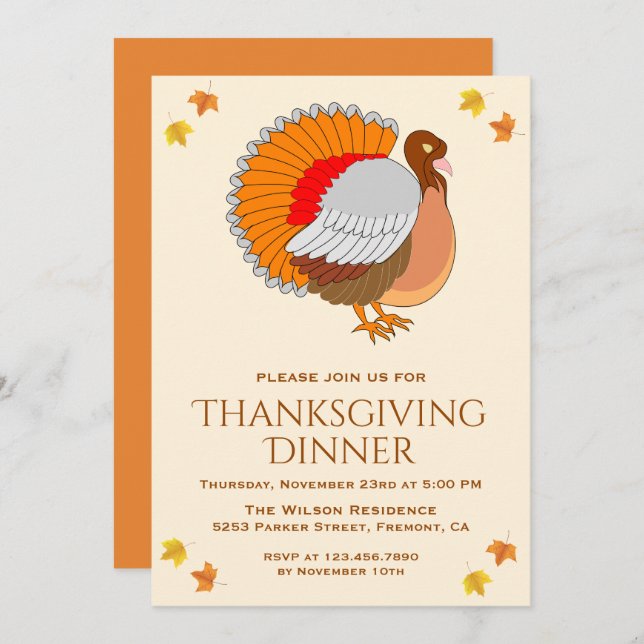 Beautiful Orange Turkey Thanksgiving Dinner Party Invitation (Front/Back)