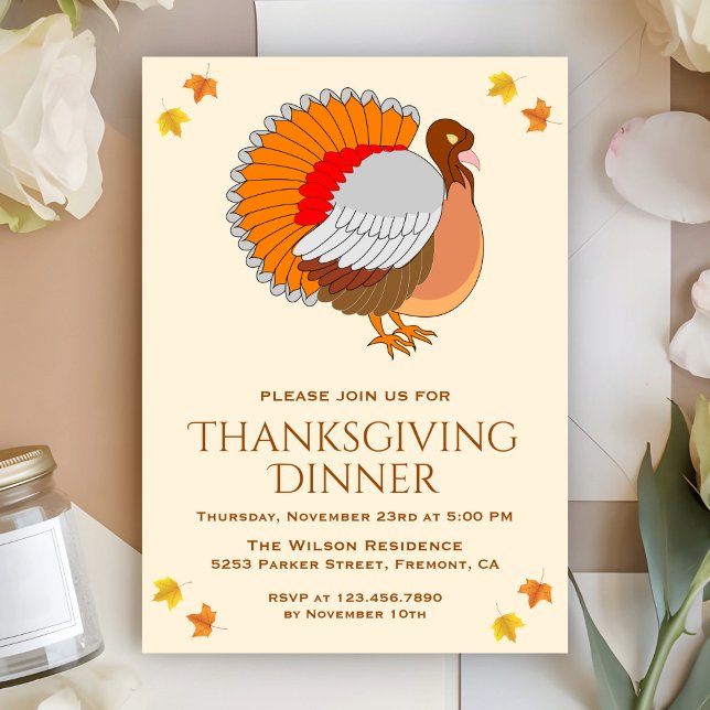 Beautiful Orange Turkey Thanksgiving Dinner Party Invitation (Creator Uploaded)