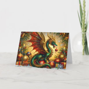 Beautiful Orante Green Dragon Christmas Holiday Card