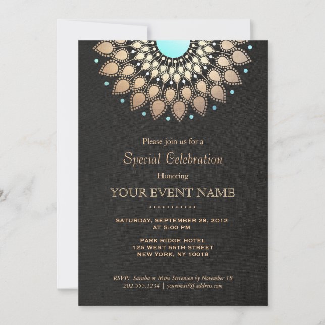 Beautiful Ornate Gold Lotus Mandala Black Invitation (Front)