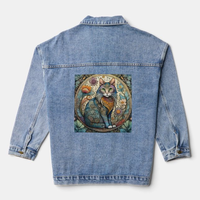 Beautiful Ornate Illustration Of A Cat Denim Jacket (Back)