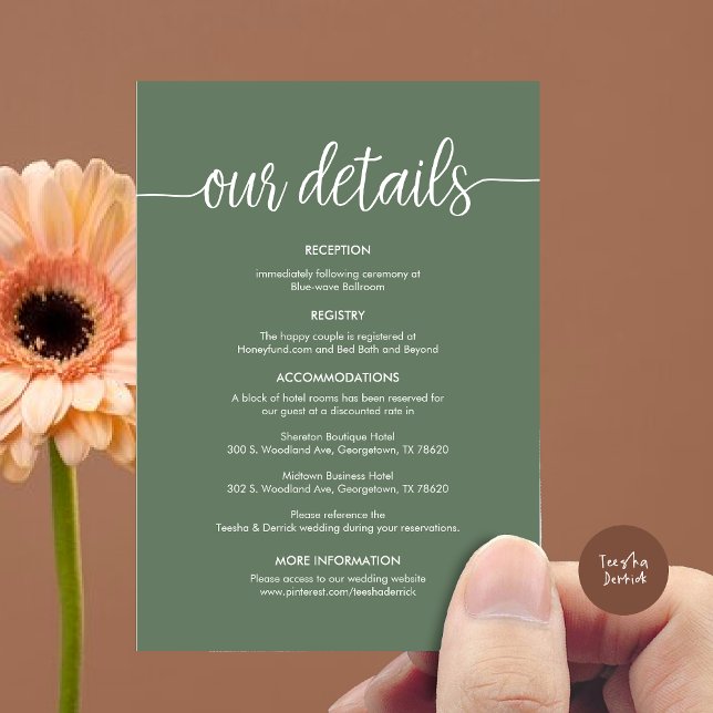 Beautiful Our Wedding Details, Rustic Black ink Enclosure Card (Beautiful Our Wedding Details Enclosure Card, Rustic Cottage Design, Forest Sage Green Greenery)