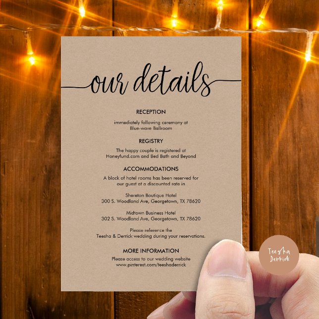 Beautiful Our Wedding Details, Rustic Black ink Enclosure Card (Beautiful Our Wedding Details Enclosure Card, Rustic Cottage Design, Brown Kraft Graphic Background)