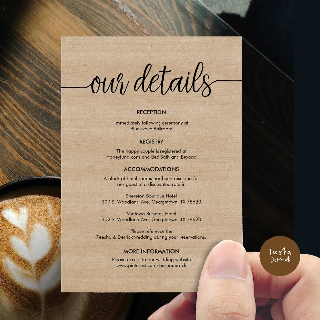 Beautiful Our Wedding Details, Rustic Black ink Enclosure Card (Beautiful Our Wedding Details Enclosure Card, Rustic Cottage Design, Brown Wood Graphic Background)