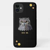 Beautiful owl and golden confetti on black
