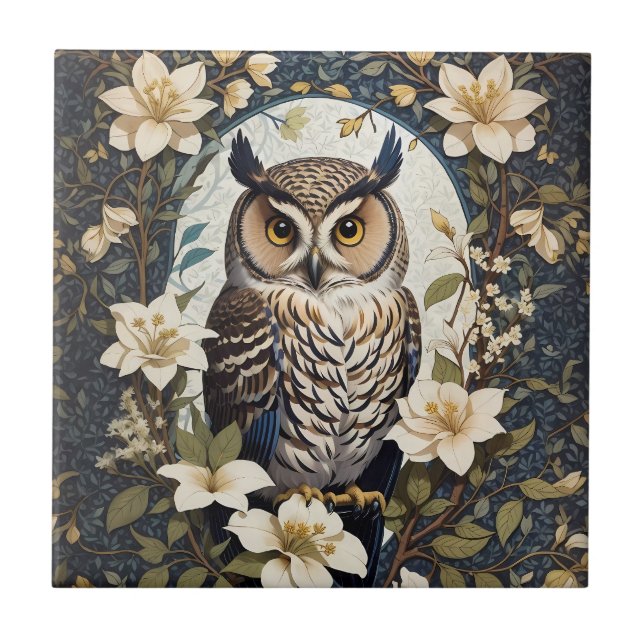 Beautiful Owl And Jasmine Flowers  Ceramic Tile (Front)