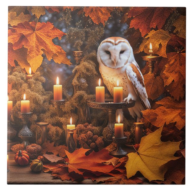 Beautiful Owl Mystical Autumn Leaves Candles Ceramic Tile (Front)