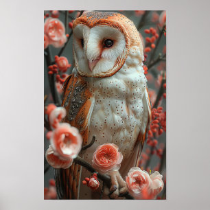 Beautiful Owl with Flowers Photorealistic Poster