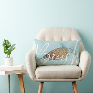 Beautiful Painted Sea Turtle Beach Text Lumbar Cushion
