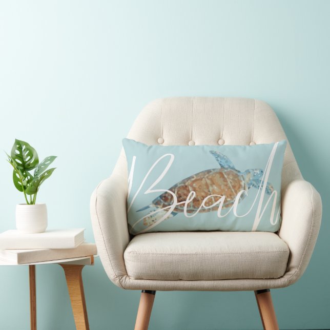 Beautiful Painted Sea Turtle Beach Text Lumbar Cushion (Chair)