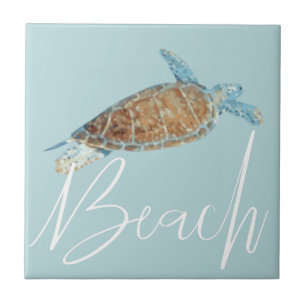Beautiful Painted Sea Turtle With Beach Ceramic Tile