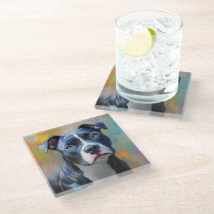 BEAUTIFUL PAINTING OF AN AMERICAN PITBULL TERRIER GLASS COASTER