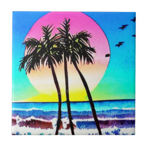 Beautiful Painting of Sunset at beach Ceramic Tile